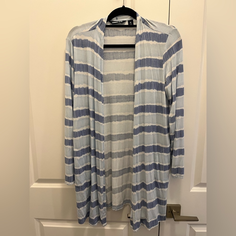 Lands End cotton cardigan and tank, size M, blue stripe